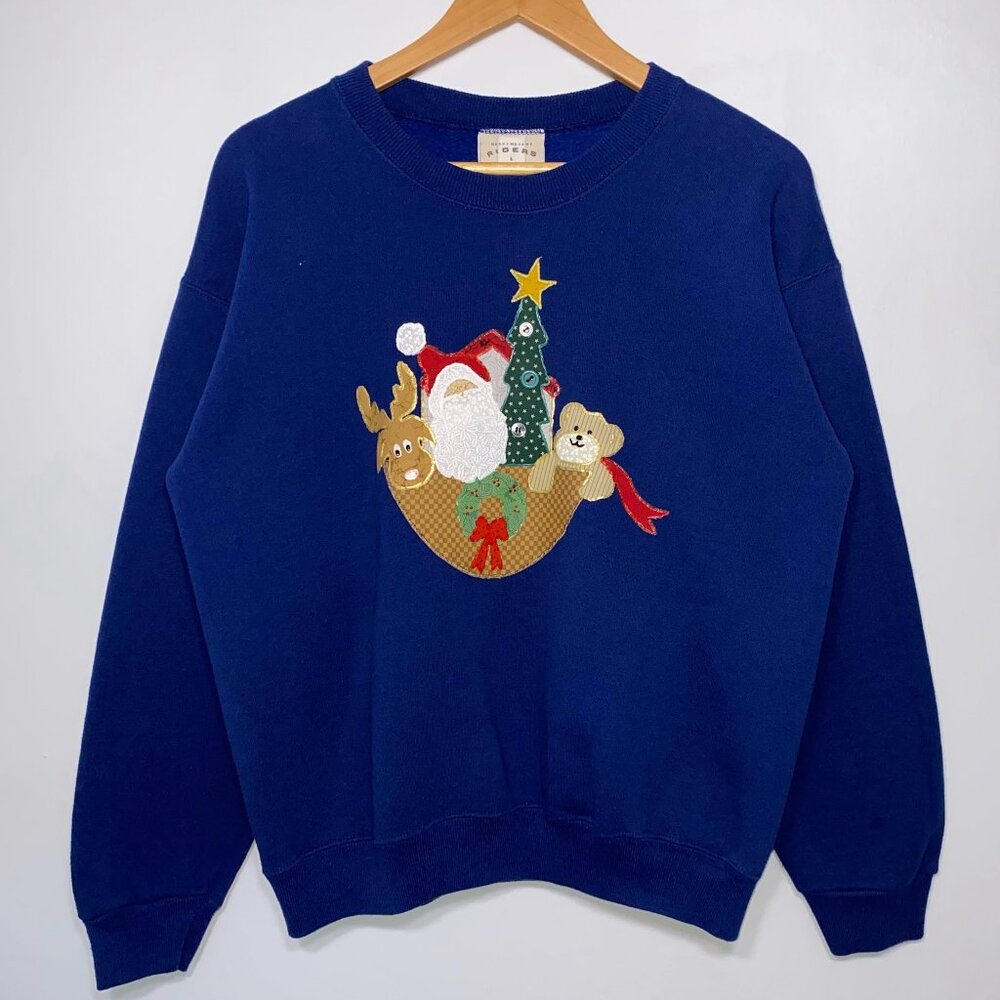 Vintage 90s Christmas Wreath Santa Reindeer Teddy Bear Grandma Sweater Large
